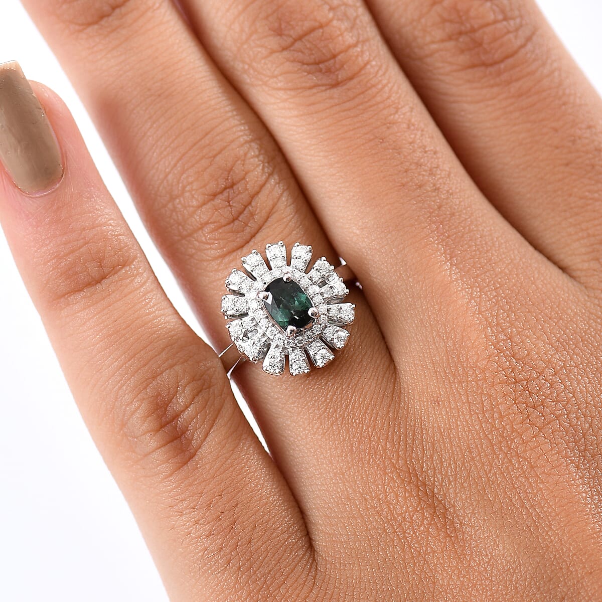 D'Joy Pirineu Lagoon Tourmaline and Moissanite 1.00 ctw Ring in Rhodium Over Sterling Silver (Size 7.0) image number 2