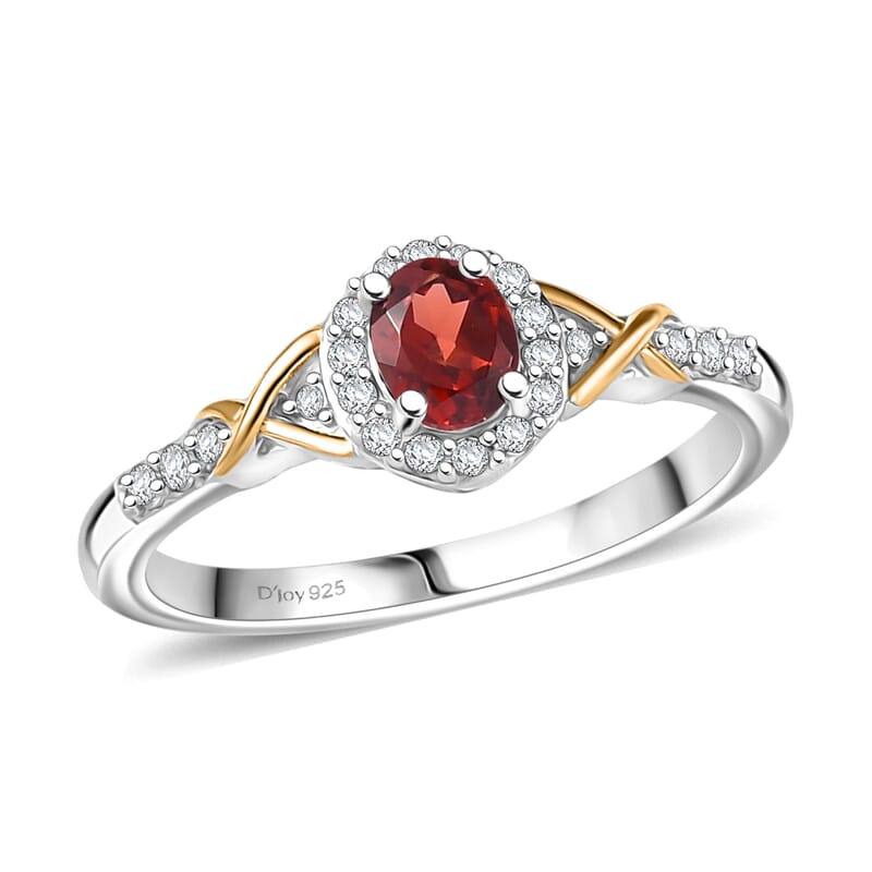 D'Joy Mozambique Garnet and White Zircon 0.65 ctw Ring in 18K Vermeil YG and Rhodium Over Sterling Silver (Size 5.0)