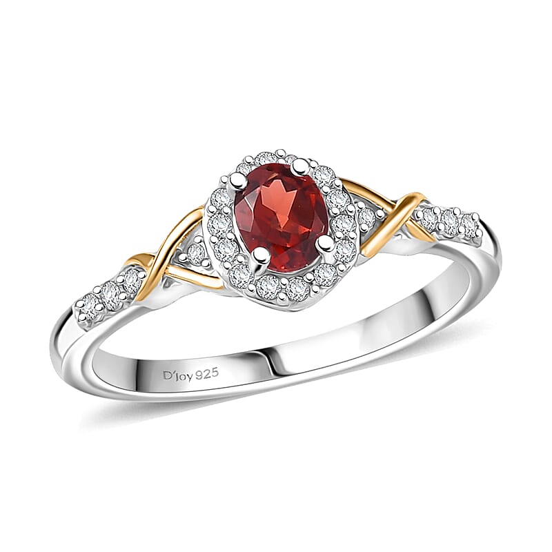 D'Joy Mozambique Garnet and White Zircon 0.65 ctw Ring in 18K Vermeil YG and Rhodium Over Sterling Silver (Size 5.0)