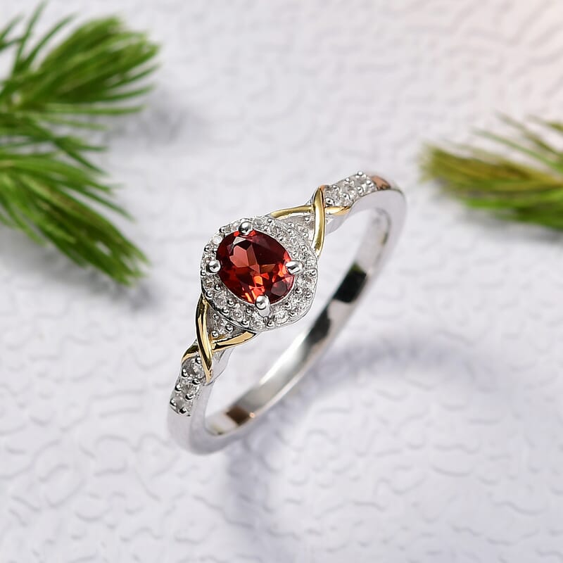 D'Joy Mozambique Garnet and White Zircon 0.65 ctw Ring in 18K Vermeil YG and Rhodium Over Sterling Silver (Size 5.0)