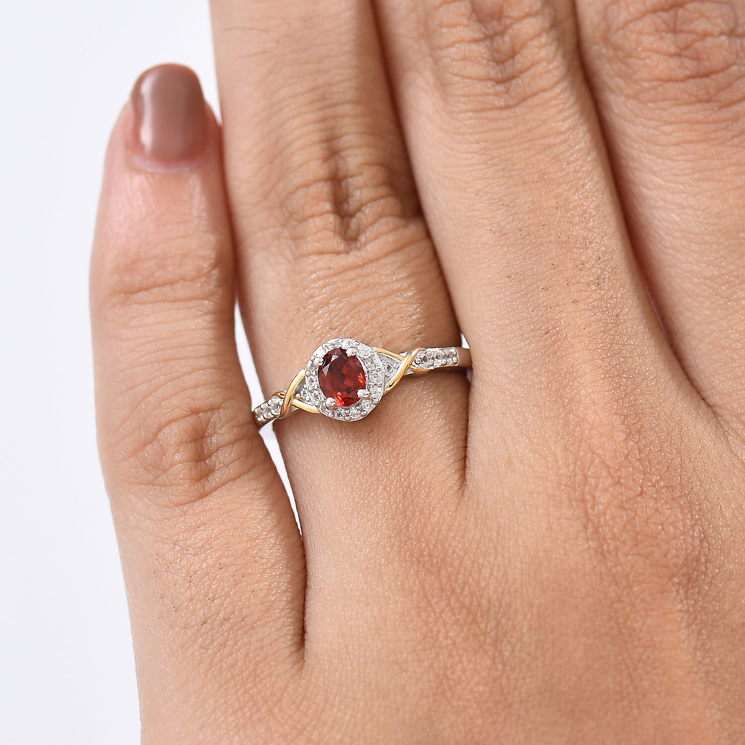 D'Joy Mozambique Garnet and White Zircon 0.65 ctw Ring in 18K Vermeil YG and Rhodium Over Sterling Silver (Size 5.0)