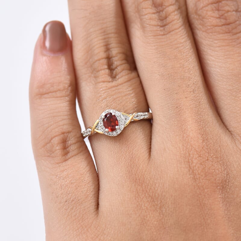 D'Joy Mozambique Garnet and White Zircon 0.65 ctw Ring in 18K Vermeil YG and Rhodium Over Sterling Silver (Size 5.0)