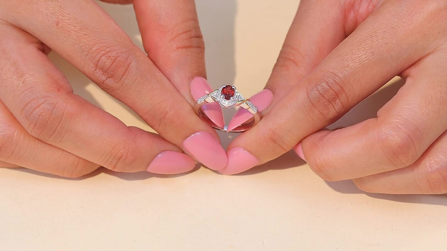 D'Joy Mozambique Garnet, White Zircon Ring in 18K Vermeil YG and Rhodium Over Sterling Silver (Size 5.0) 0.65 ctw