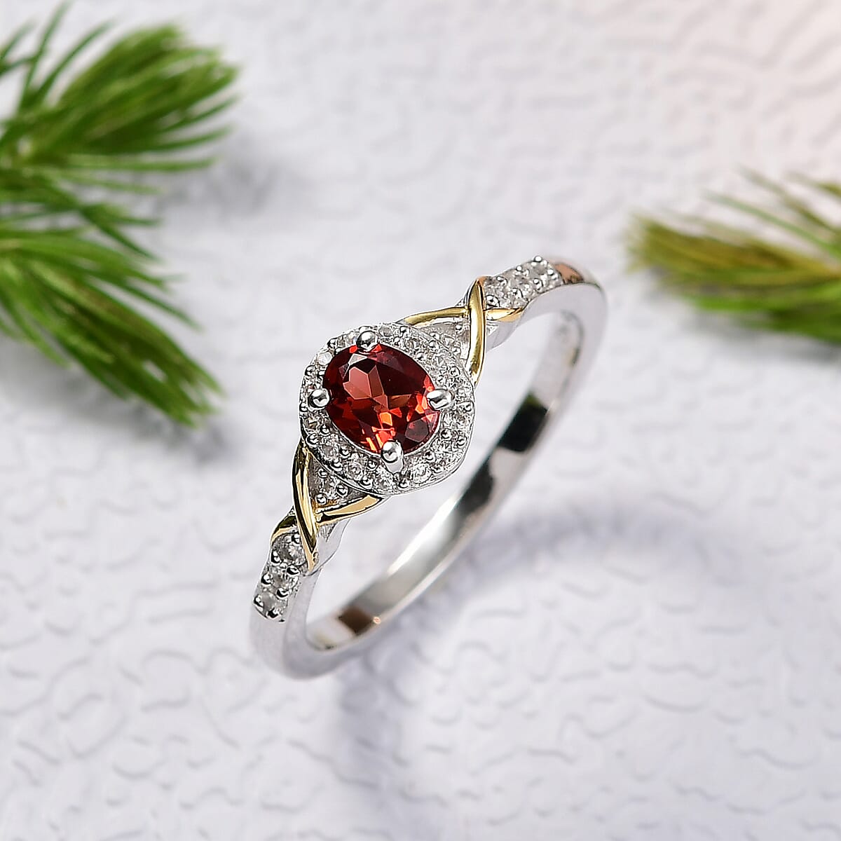 D'Joy Mozambique Garnet and White Zircon 0.65 ctw Ring in 18K Vermeil YG and Rhodium Over Sterling Silver (Size 7.0) image number 1