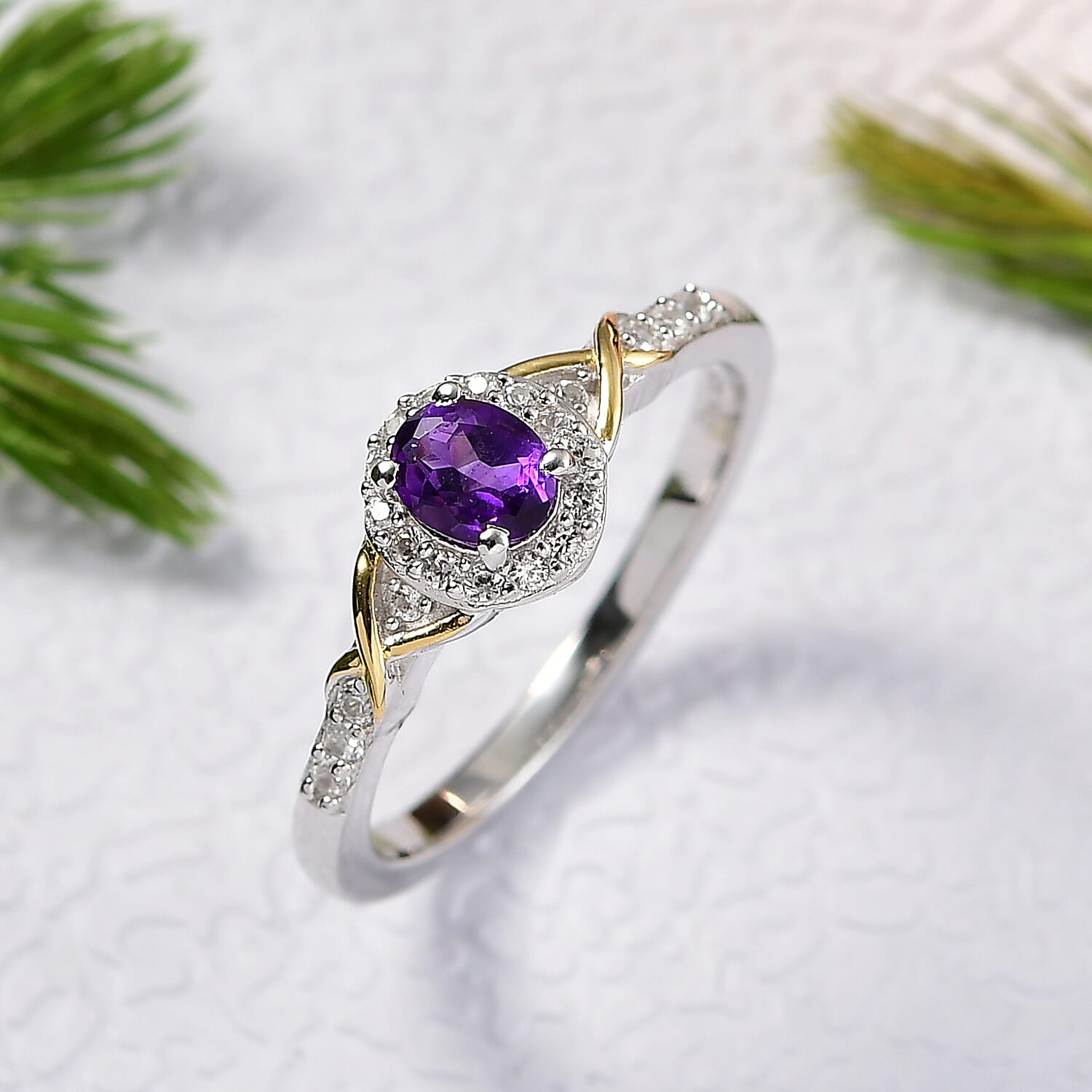 D'Joy African Amethyst and White Zircon 0.60 ctw Ring in 18K Vermeil YG and Rhodium Over Sterling Silver (Size 5.0)