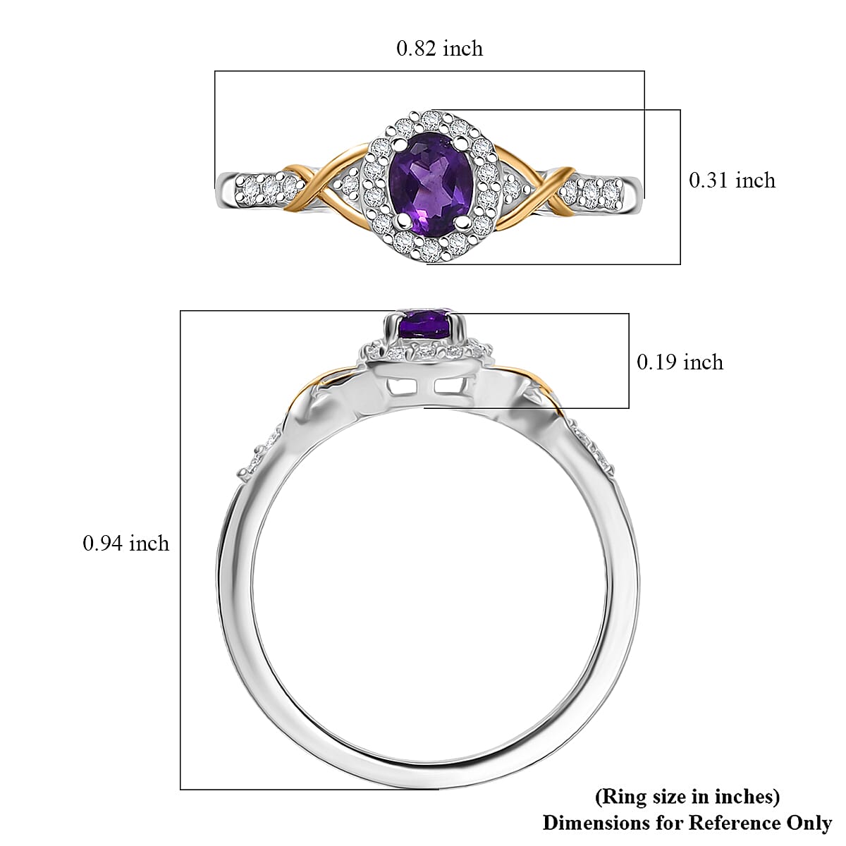 D'Joy African Amethyst and White Zircon 0.60 ctw Ring in 18K Vermeil YG and Rhodium Over Sterling Silver (Size 5.0)