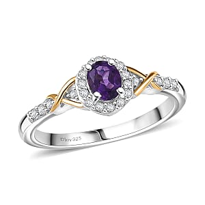 D'Joy African Amethyst and White Zircon 0.60 ctw Ring in 18K Vermeil YG and Rhodium Over Sterling Silver (Size 7.0)