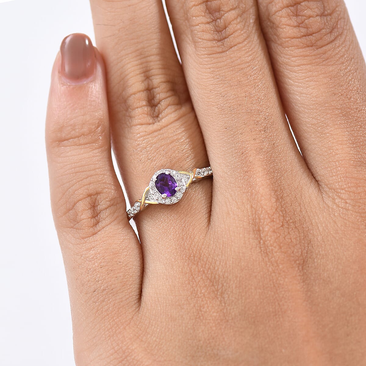 D'Joy African Amethyst and White Zircon 0.60 ctw Ring in 18K Vermeil YG and Rhodium Over Sterling Silver (Size 7.0) image number 2