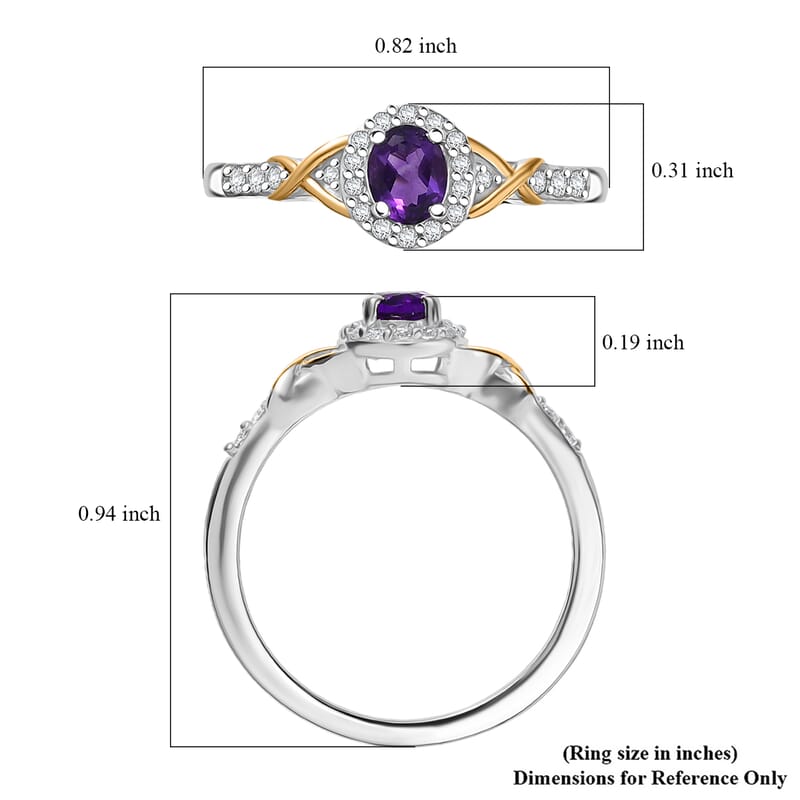 D'Joy African Amethyst and White Zircon 0.60 ctw Ring in 18K Vermeil YG and Rhodium Over Sterling Silver (Size 8.0)