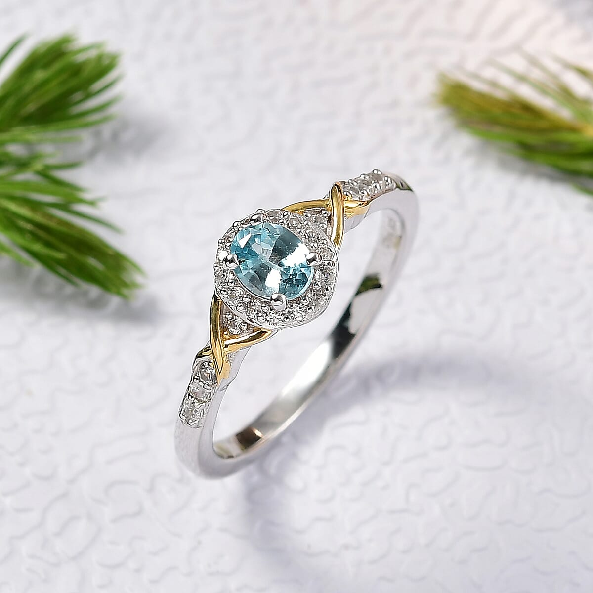 D'Joy Cambodian Blue Zircon and White Zircon 0.80 ctw Ring in 18K Vermeil YG and Rhodium Over Sterling Silver (Size 7.0) image number 1