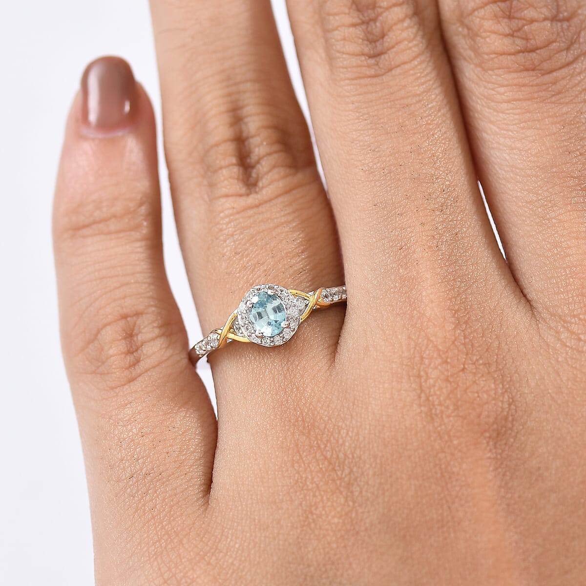 D'Joy Cambodian Blue Zircon and White Zircon 0.80 ctw Ring in 18K Vermeil YG and Rhodium Over Sterling Silver (Size 7.0) image number 2