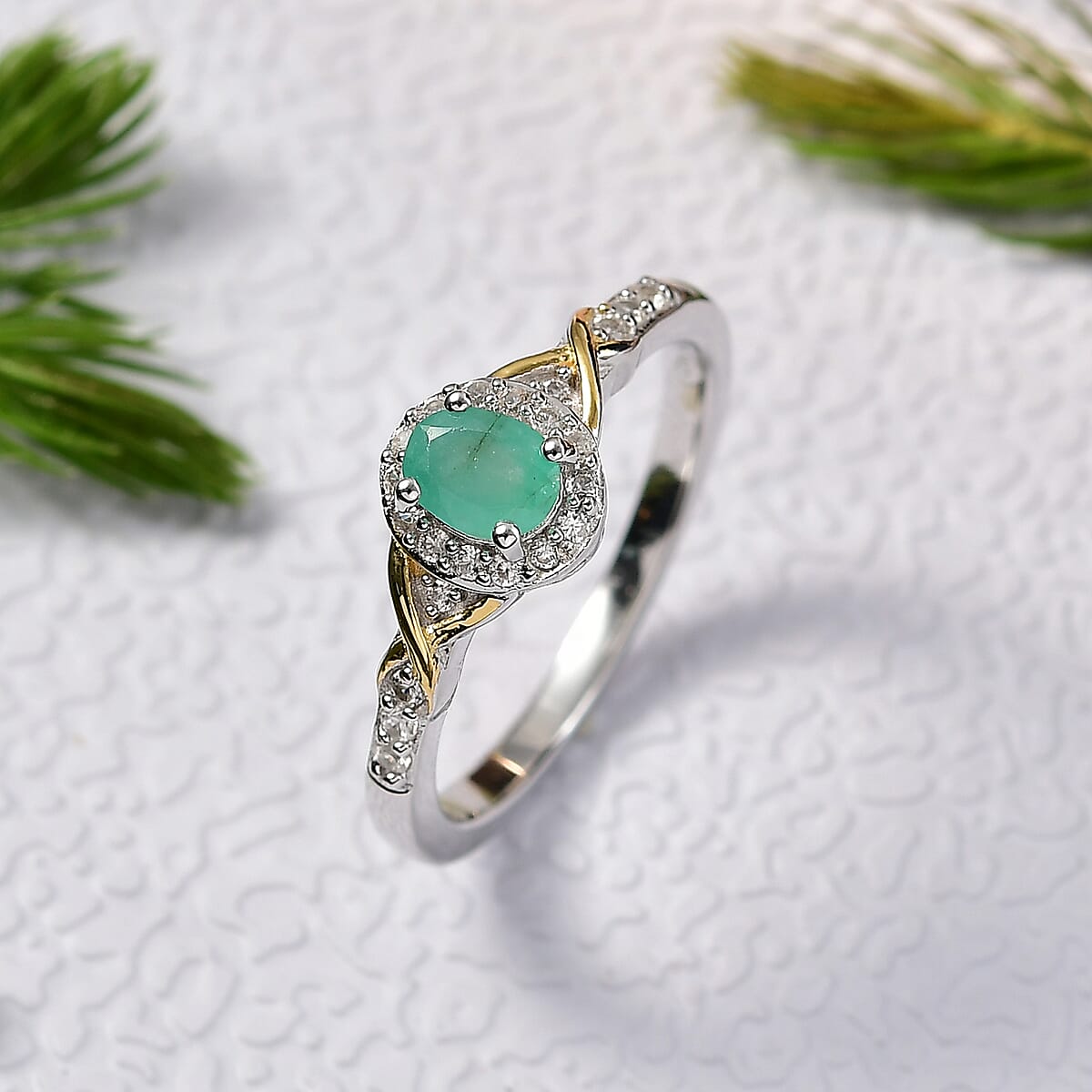 D'Joy Socoto Emerald and White Zircon 0.60 ctw Ring in 18K Vermeil YG and Rhodium Over Sterling Silver (Size 7.0) image number 1