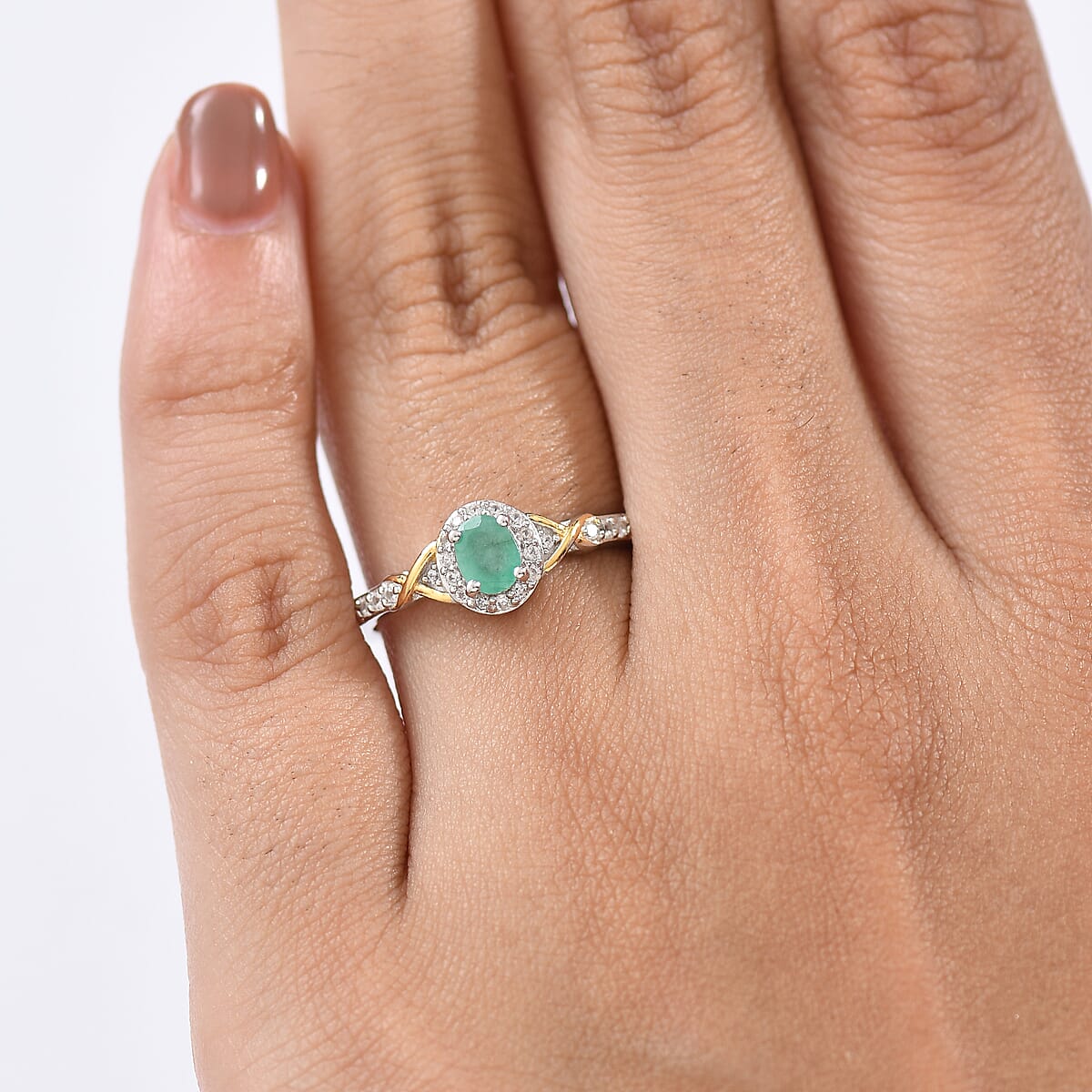 D'Joy Socoto Emerald and White Zircon 0.60 ctw Ring in 18K Vermeil YG and Rhodium Over Sterling Silver (Size 7.0) image number 2