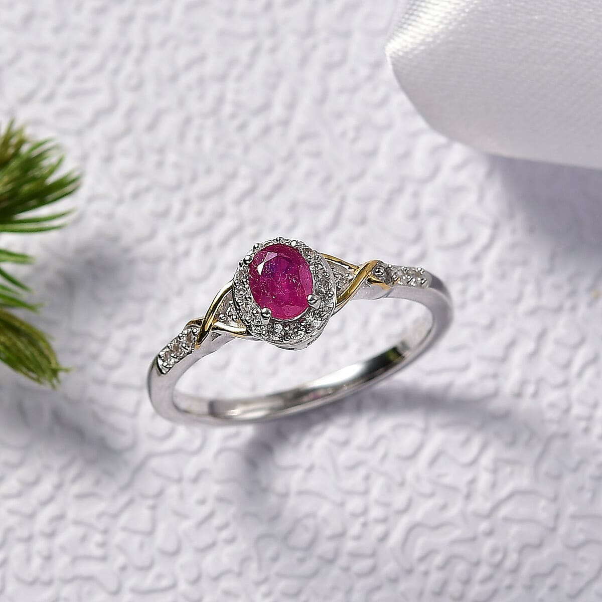 D'Joy Niassa Ruby (FF) and White Zircon 0.85 ctw Ring in 18K Vermeil YG and Rhodium Over Sterling Silver (Size 8.0) image number 1