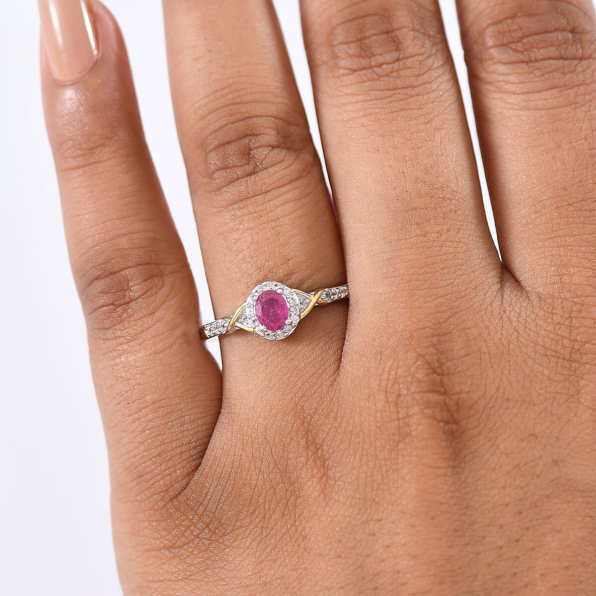 D'Joy Niassa Ruby (FF) and White Zircon 0.85 ctw Ring in 18K Vermeil YG and Rhodium Over Sterling Silver (Size 8.0) image number 2