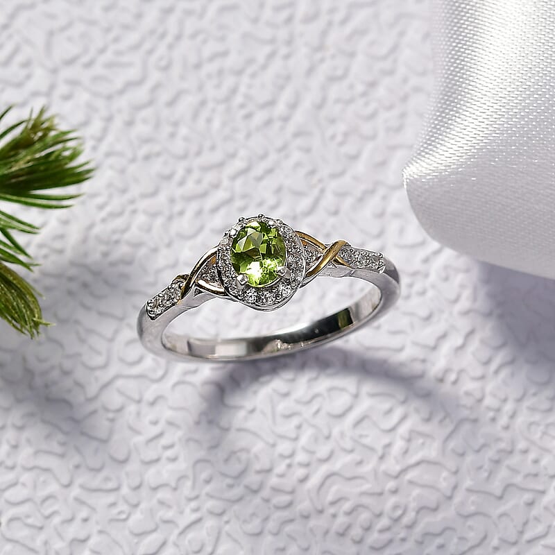 D'Joy Hebei Peridot and White Zircon 0.60 ctw Ring in 18K Vermeil YG and Rhodium Over Sterling Silver (Size 7.0)