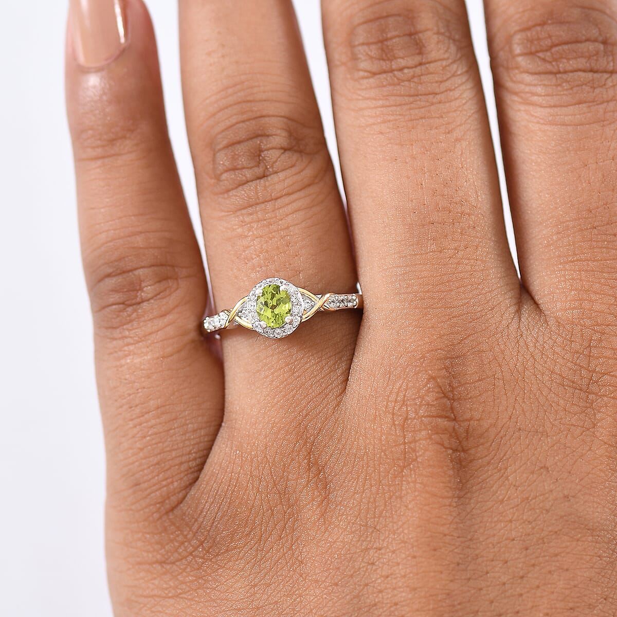 D'Joy Hebei Peridot and White Zircon 0.60 ctw Ring in 18K Vermeil YG and Rhodium Over Sterling Silver (Size 7.0) image number 2