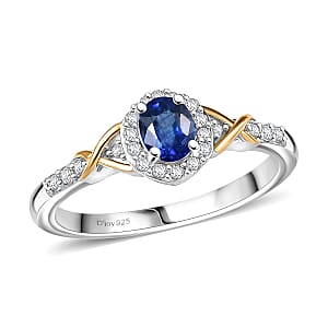 D'Joy Masoala Sapphire (D) and White Zircon 0.75 ctw Ring in 18K Vermeil YG and Rhodium Over Sterling Silver (Size 7.0)