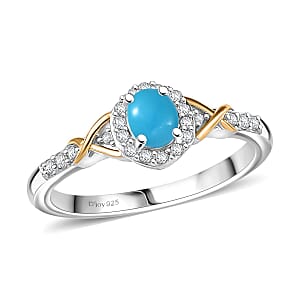 D'Joy Sleeping Beauty Turquoise and White Zircon 0.70 ctw Ring in 18K Vermeil YG and Rhodium Over Sterling Silver (Size 8.0)