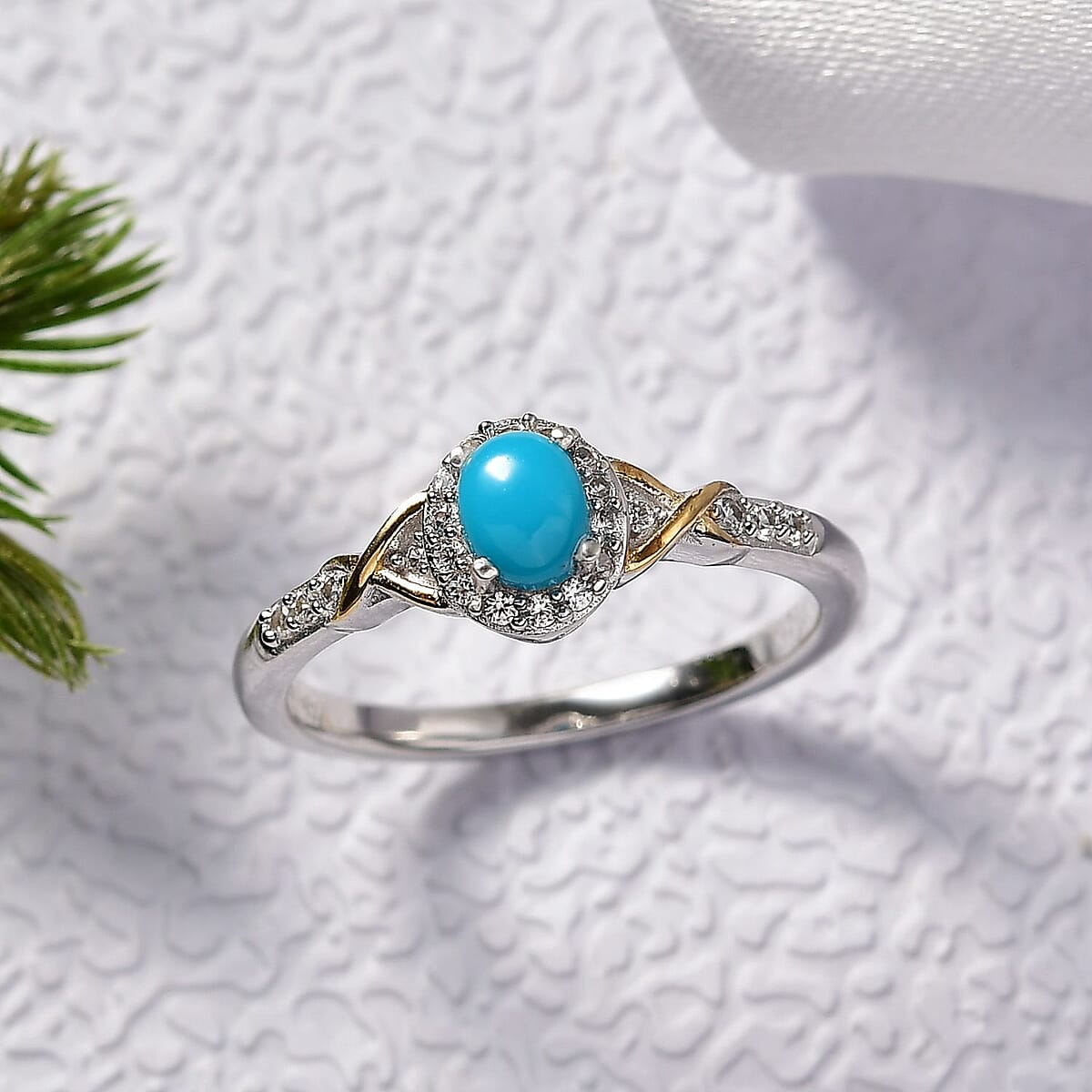 D'Joy Sleeping Beauty Turquoise and White Zircon 0.70 ctw Ring in 18K Vermeil YG and Rhodium Over Sterling Silver (Size 8.0) image number 1