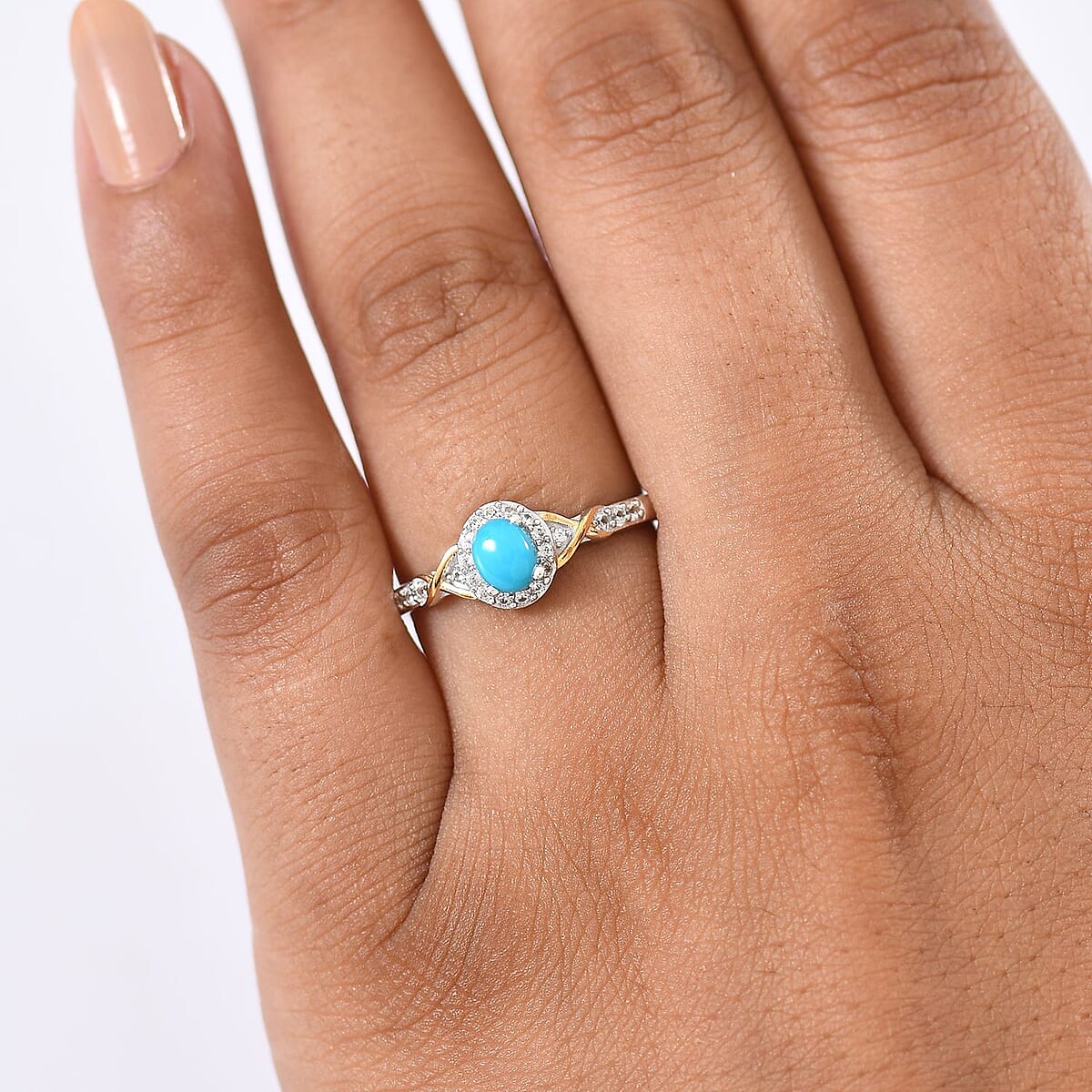 D'Joy Sleeping Beauty Turquoise and White Zircon 0.70 ctw Ring in 18K Vermeil YG and Rhodium Over Sterling Silver (Size 8.0) image number 2