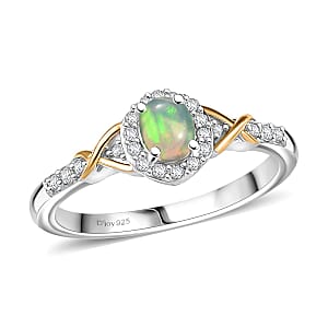 D'Joy Ethiopian Welo Opal and White Zircon 0.50 ctw Ring in 18K Vermeil YG and Rhodium Over Sterling Silver (Size 8.0)
