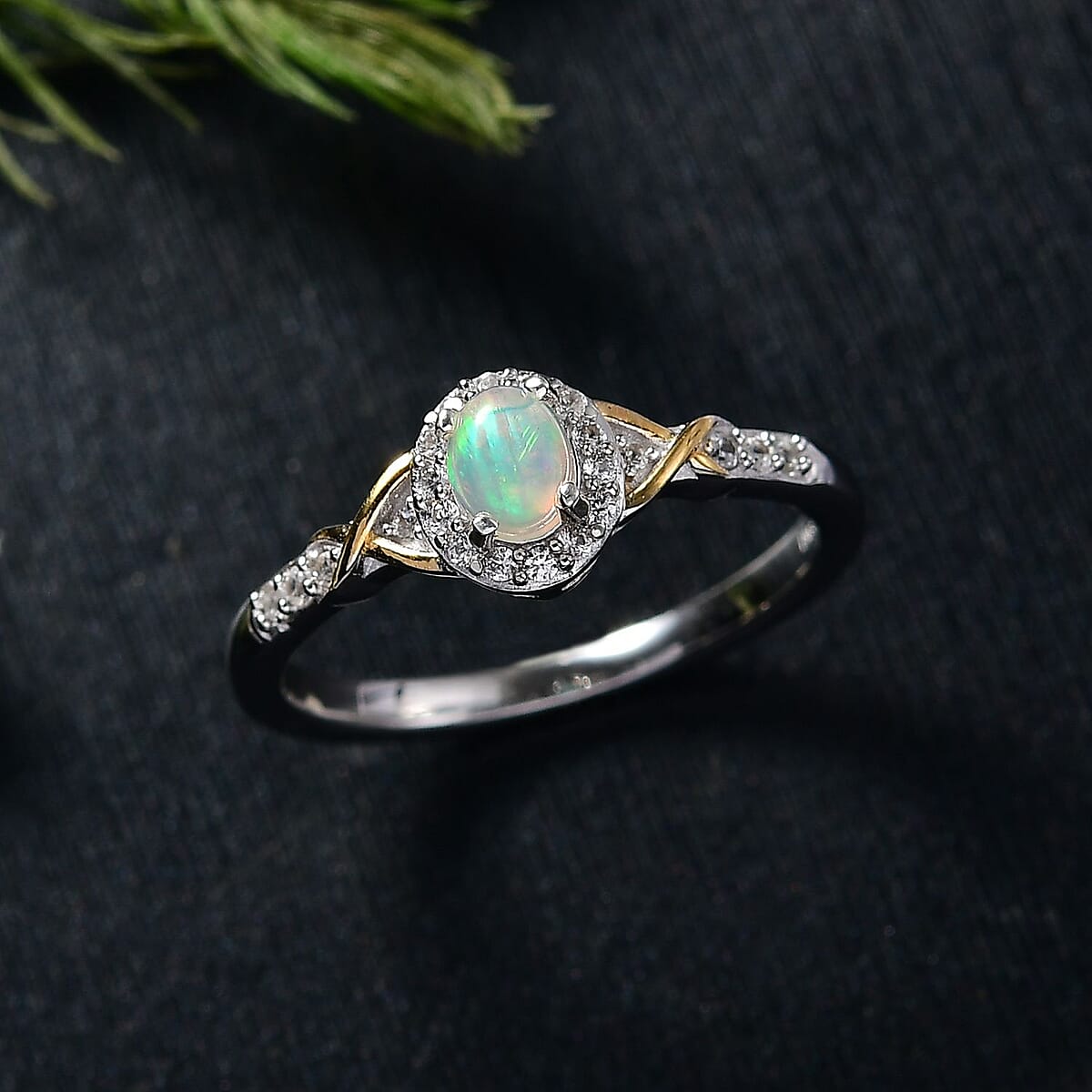 D'Joy Ethiopian Welo Opal and White Zircon 0.50 ctw Ring in 18K Vermeil YG and Rhodium Over Sterling Silver (Size 8.0) image number 1