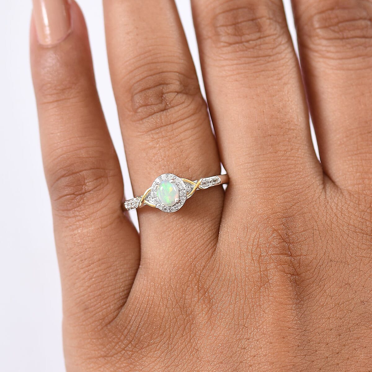 D'Joy Ethiopian Welo Opal and White Zircon 0.50 ctw Ring in 18K Vermeil YG and Rhodium Over Sterling Silver (Size 8.0) image number 2