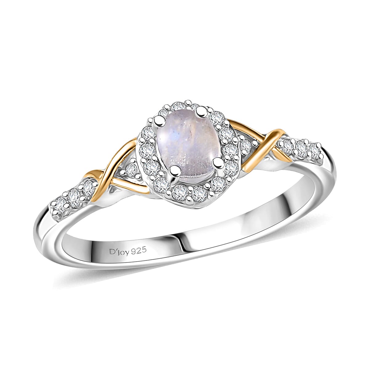 D'Joy Rainbow Moonstone and White Zircon 0.70 ctw Ring in 18K Vermeil YG and Rhodium Over Sterling Silver (Size 7.0) image number 0