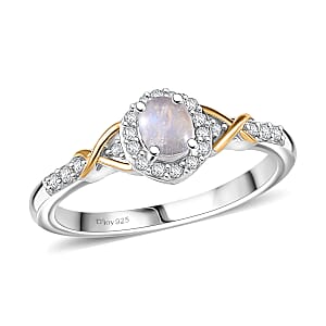 D'Joy Rainbow Moonstone and White Zircon 0.70 ctw Ring in 18K Vermeil YG and Rhodium Over Sterling Silver (Size 7.0)