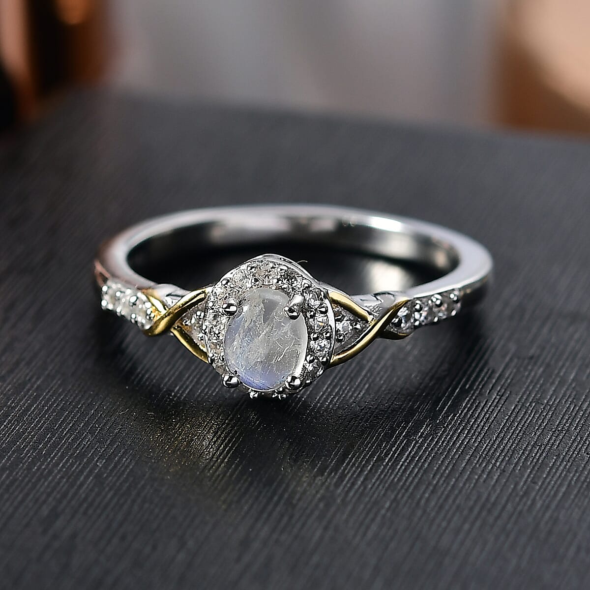 D'Joy Rainbow Moonstone and White Zircon 0.70 ctw Ring in 18K Vermeil YG and Rhodium Over Sterling Silver (Size 7.0) image number 1