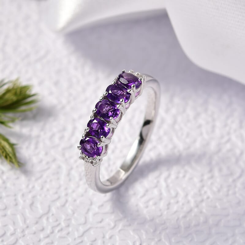 D'Joy African Amethyst and White Zircon 0.85 ctw Ring in Rhodium Over Sterling Silver (Size 5.0)