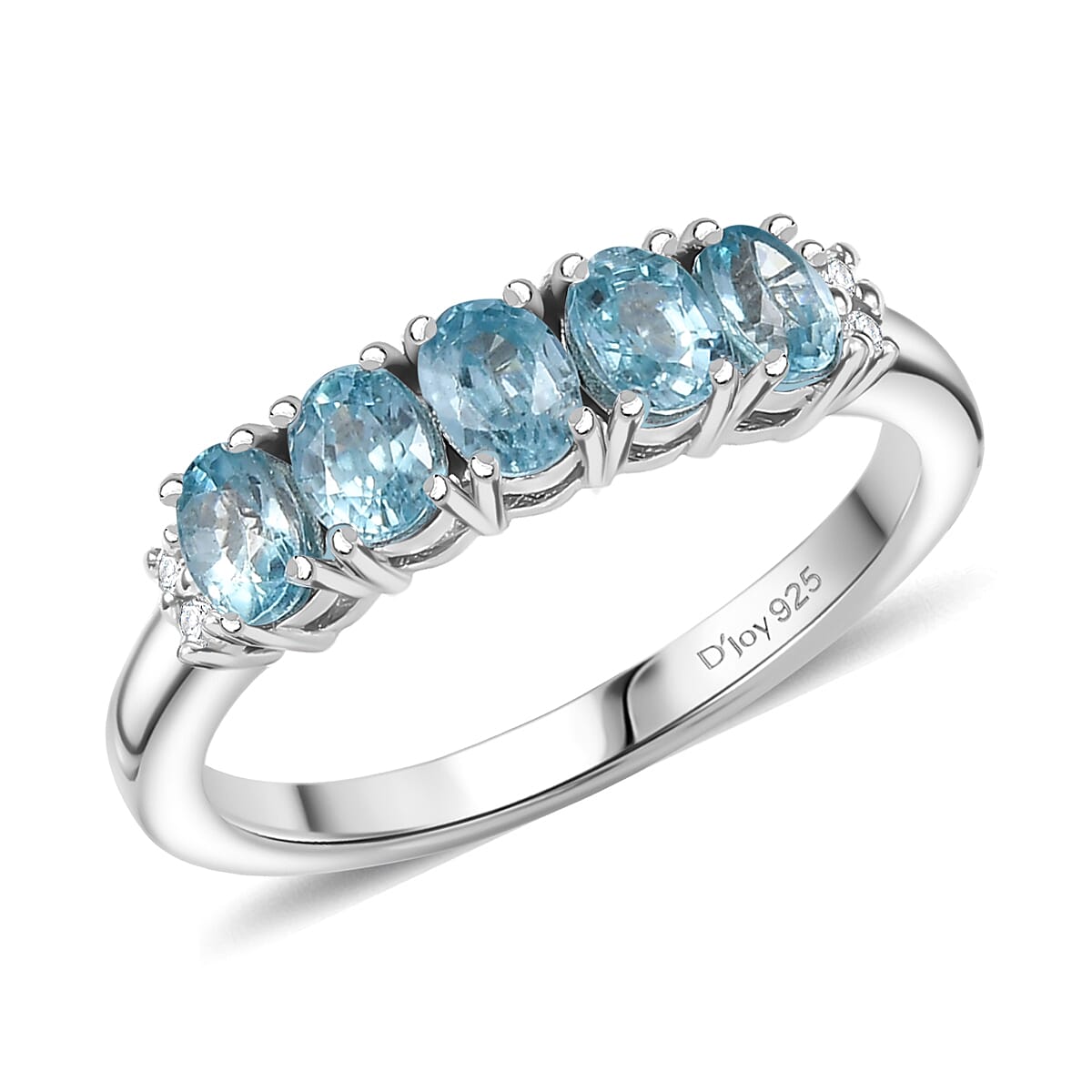 D'Joy Cambodian Blue Zircon, White Zircon Band Ring in Rhodium Over Sterling Silver (Size 5.0) 1.40 ctw image number 0