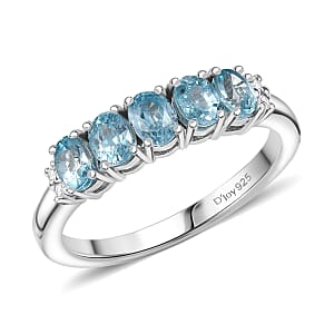 D'Joy Cambodian Blue Zircon, White Zircon Band Ring in Rhodium Over Sterling Silver (Size 5.0) 1.40 ctw