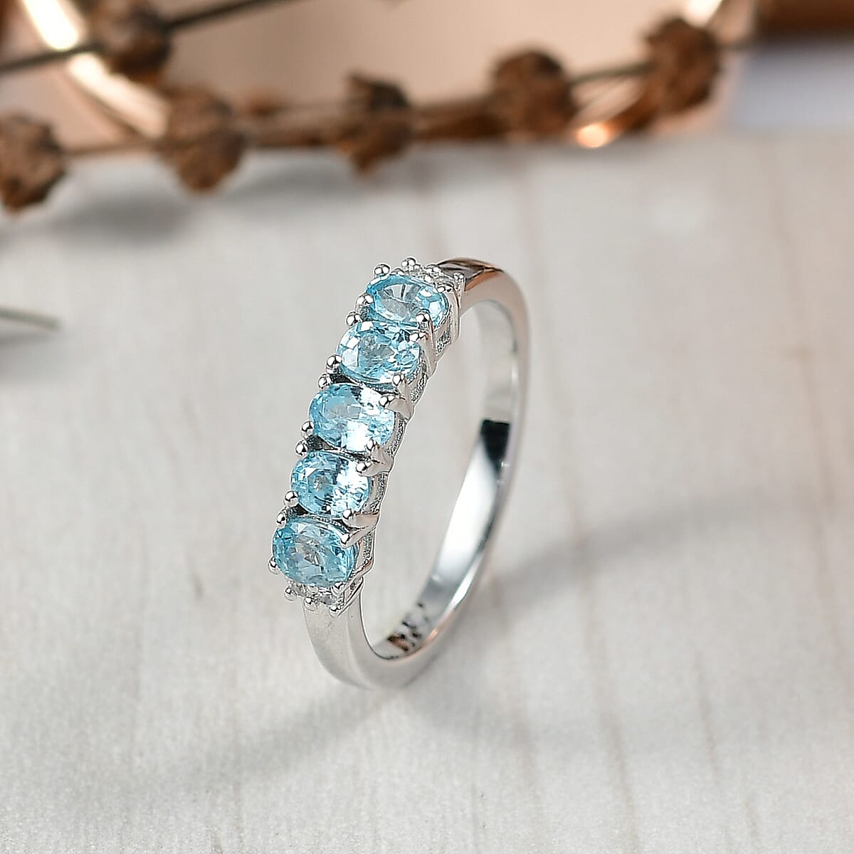 D'Joy Cambodian Blue Zircon, White Zircon Band Ring in Rhodium Over Sterling Silver (Size 5.0) 1.40 ctw image number 1