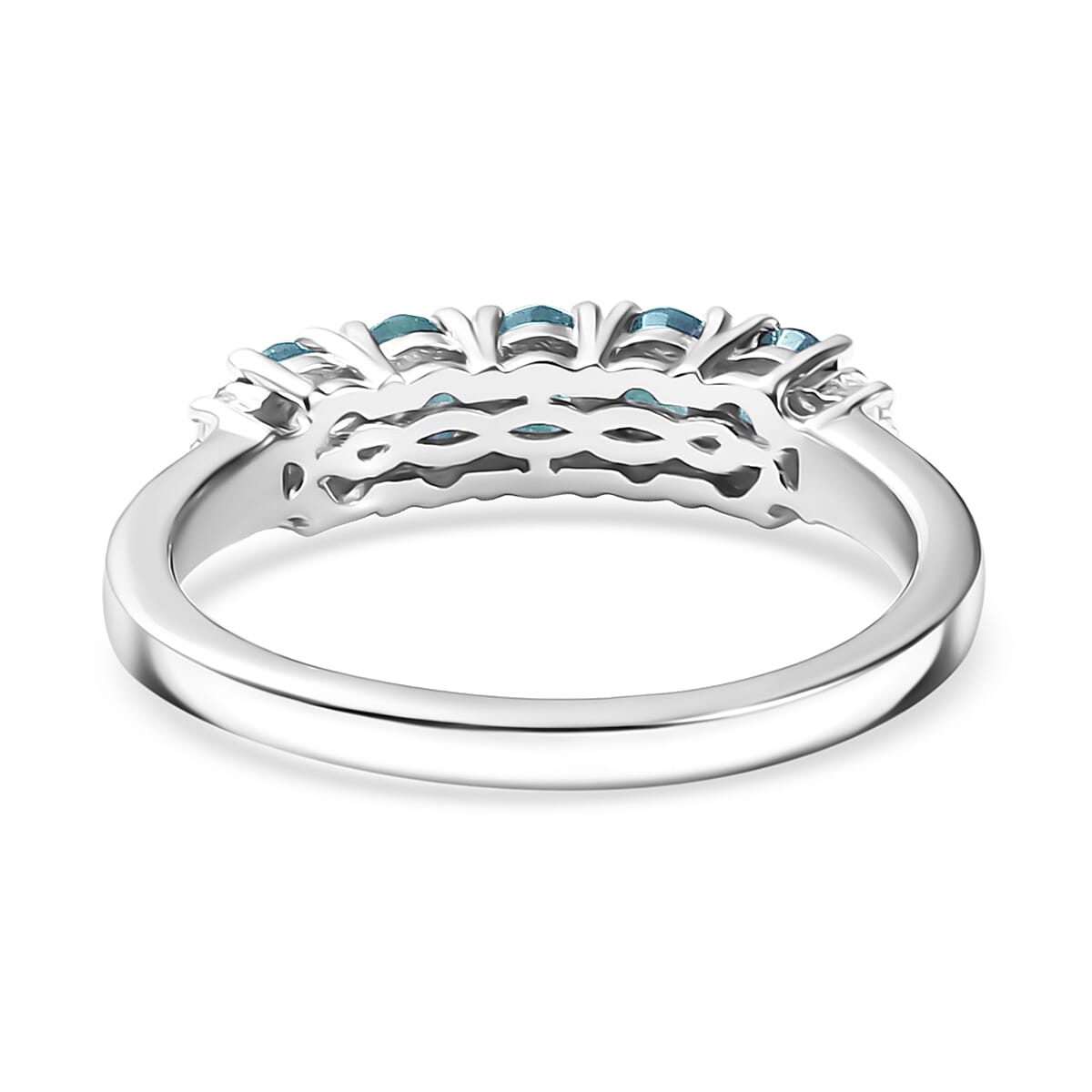 D'Joy Cambodian Blue Zircon, White Zircon Band Ring in Rhodium Over Sterling Silver (Size 5.0) 1.40 ctw image number 4