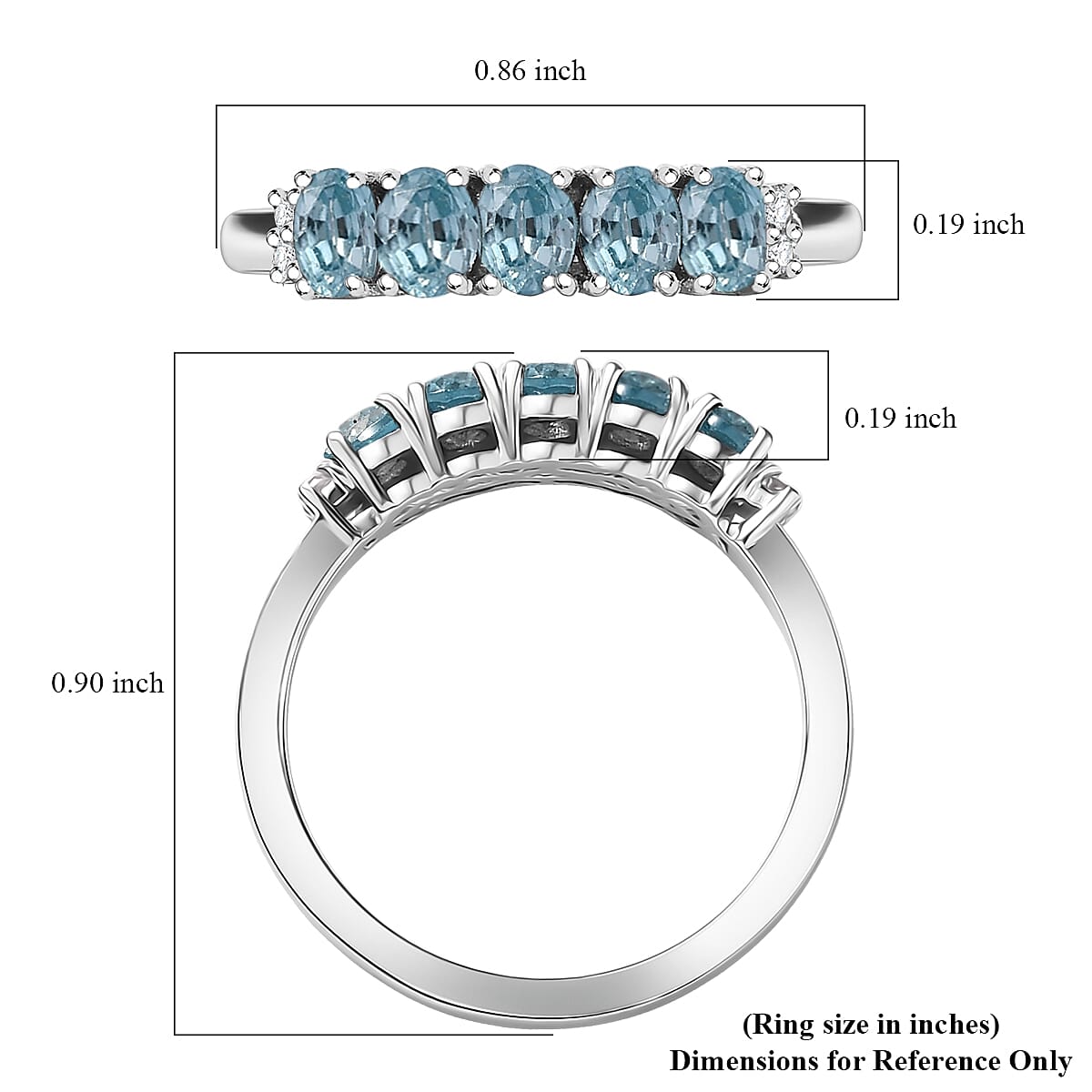 D'Joy Cambodian Blue Zircon, White Zircon Band Ring in Rhodium Over Sterling Silver (Size 5.0) 1.40 ctw image number 5