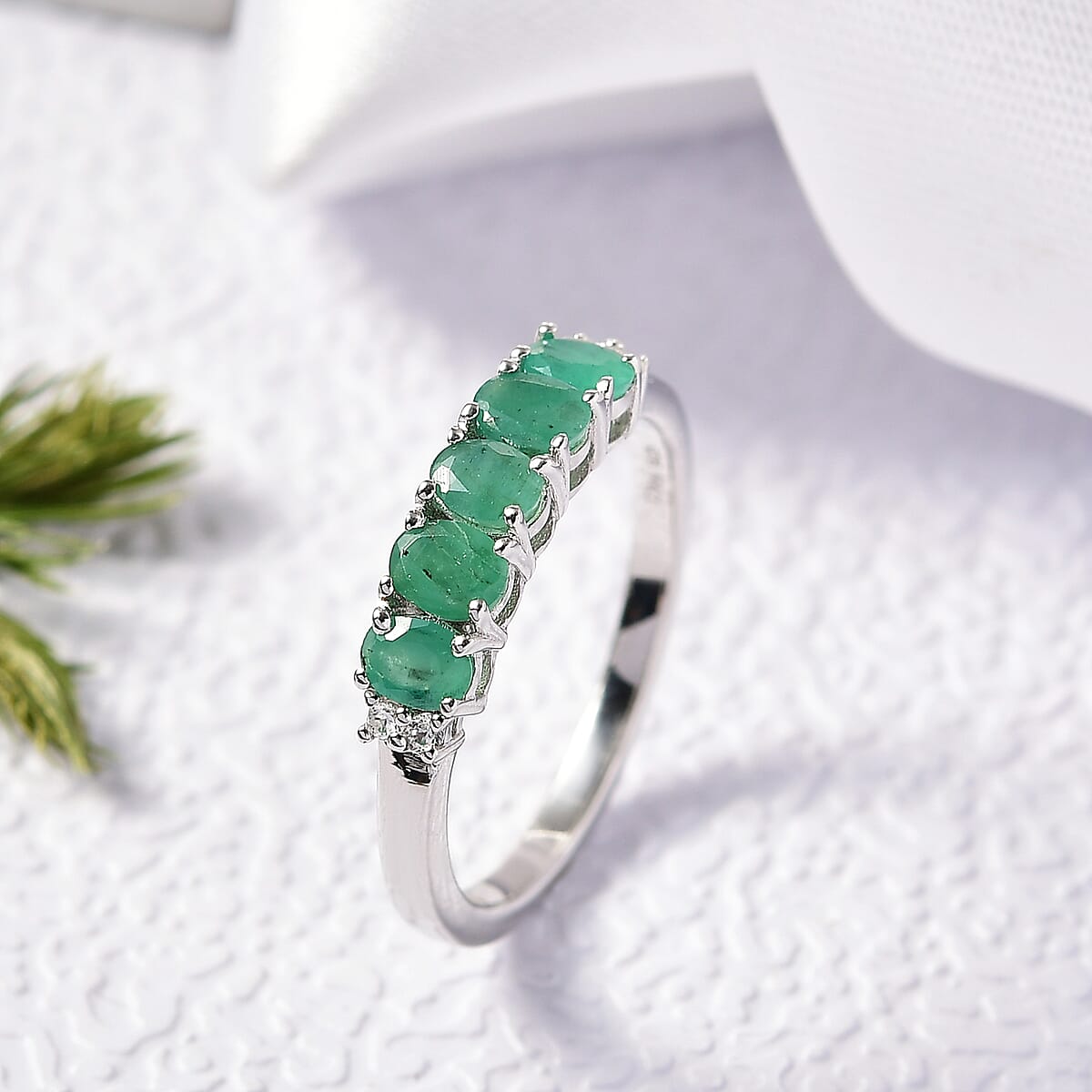 D'Joy Socoto Emerald and White Zircon 0.85 ctw Ring in Rhodium Over Sterling Silver (Size 8.0) image number 1