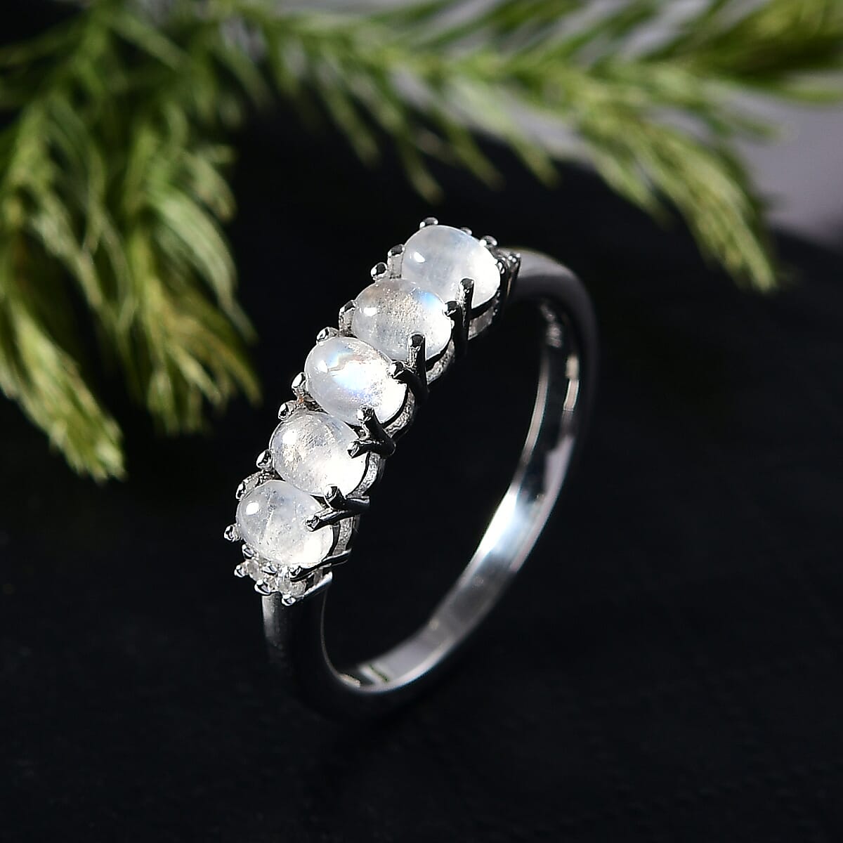 D'Joy Rainbow Moonstone and White Zircon 1.10 ctw Ring in Rhodium Over Sterling Silver (Size 5.0) image number 1