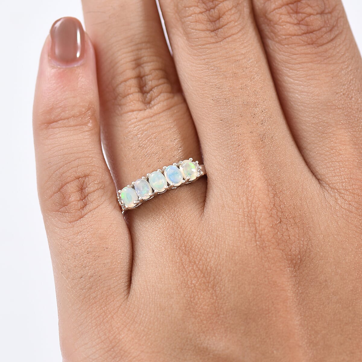 D'Joy Ethiopian Welo Opal and White Zircon 0.65 ctw Ring in Rhodium Over Sterling Silver (Size 7.0) image number 1