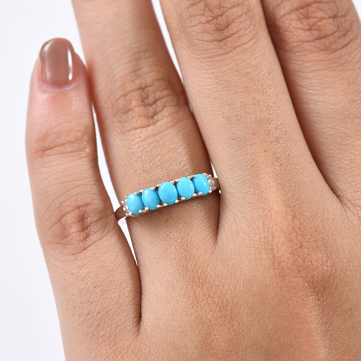 D'Joy Sleeping Beauty Turquoise and White Zircon 0.95 ctw Ring in Rhodium Over Sterling Silver (Size 7.0) image number 2