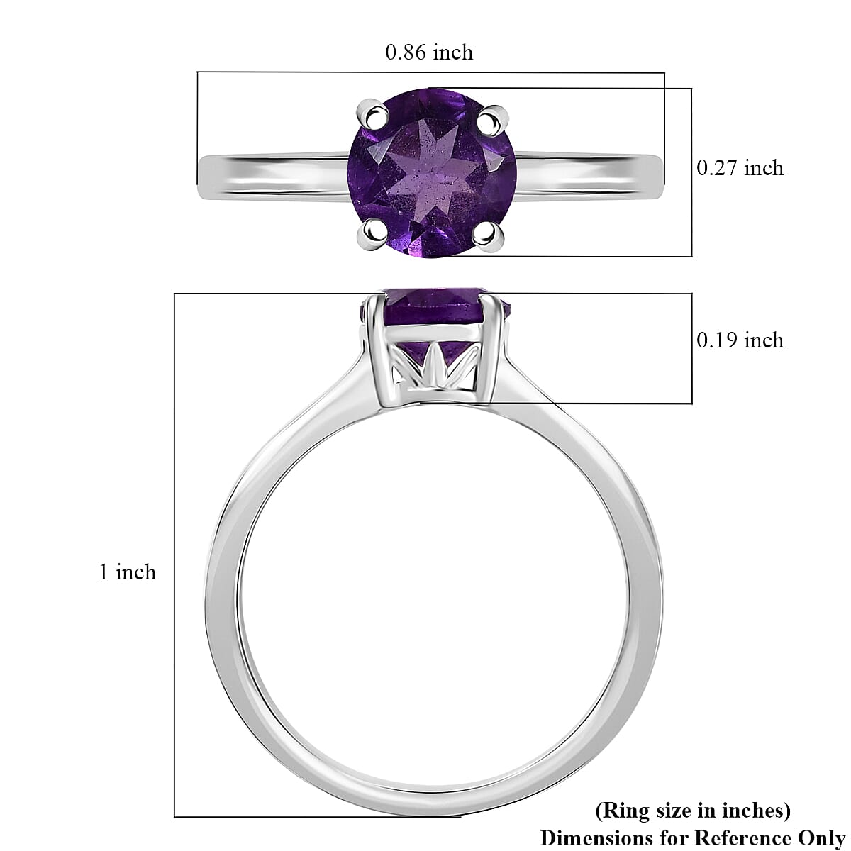 D'Joy African Amethyst 1.20 ctw Solitaire Ring in Rhodium Over Sterling Silver (Size 5.0)