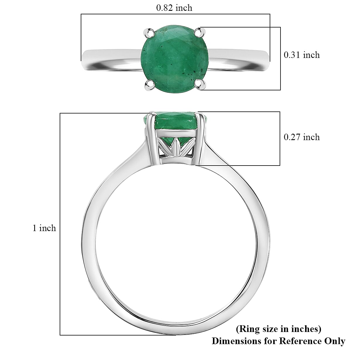 D'Joy Socoto Emerald Solitaire Ring in Rhodium Over Sterling Silver (Size 5.0) 1.15 ctw