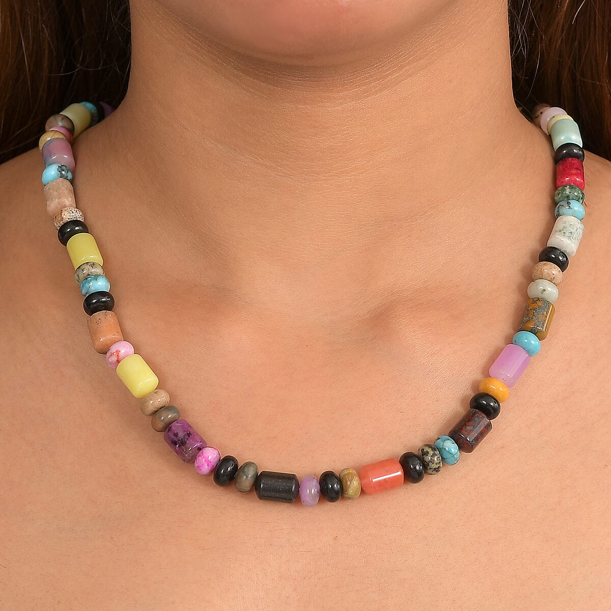 EverTrue Multi Jasper 265.00 ctw Beaded Necklace in Stainless Steel (18 Inches) image number 2