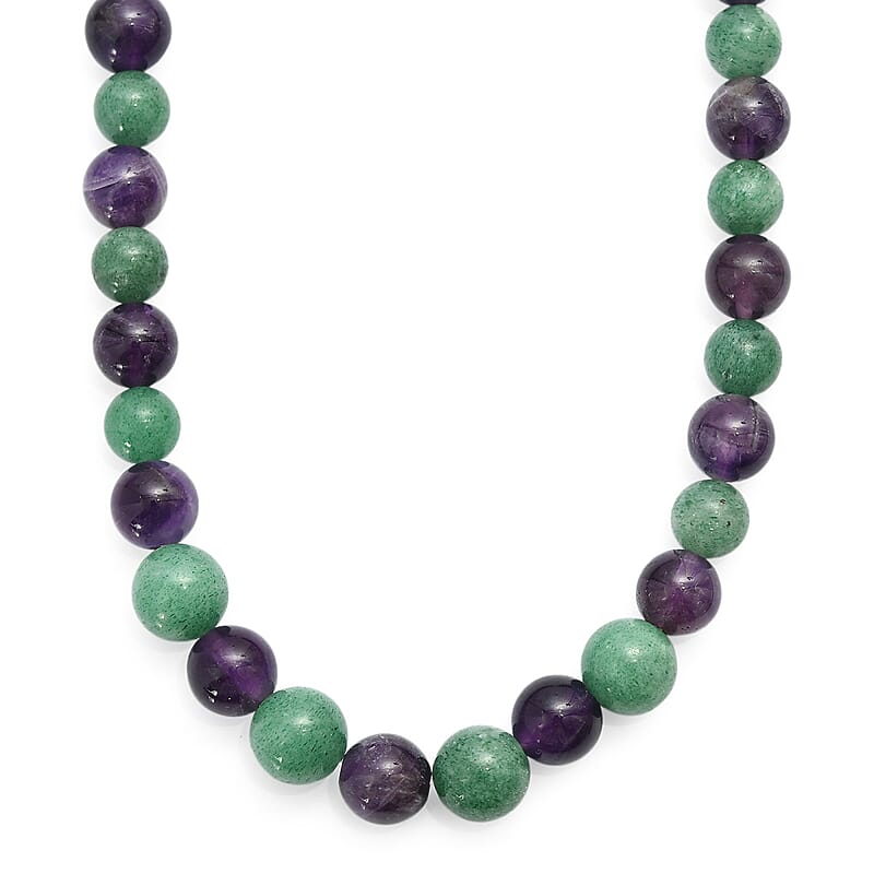 Green Aventurine and African Amethyst 335.00 ctw Beaded Necklace in Platinum Bond 20 Inches