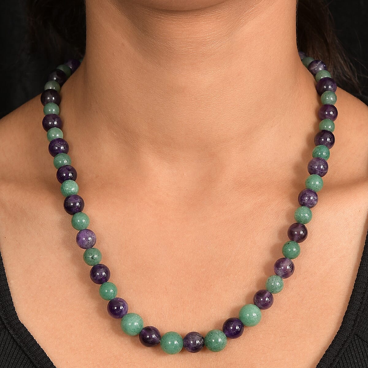 Green Aventurine and African Amethyst 335.00 ctw Beaded Necklace in Platinum Bond 20 Inches image number 2