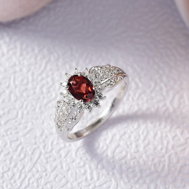 D'Joy Mozambique Garnet and White Zircon 1.50 ctw Ring in Rhodium Over Sterling Silver (Size 6.0)
