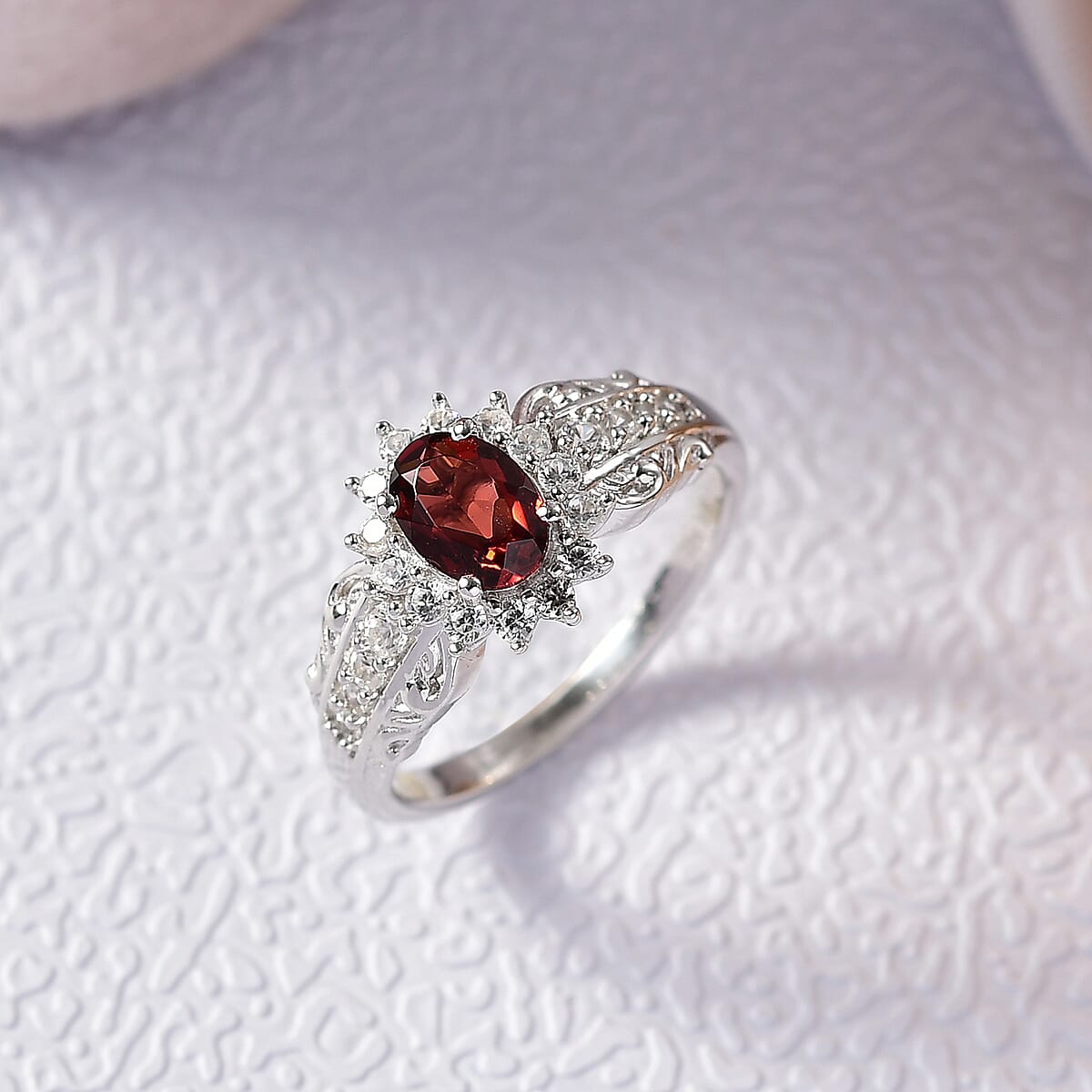 D'Joy Mozambique Garnet, White Zircon Ring in Rhodium Over Sterling Silver (Size 5.0) 1.50 ctw image number 1