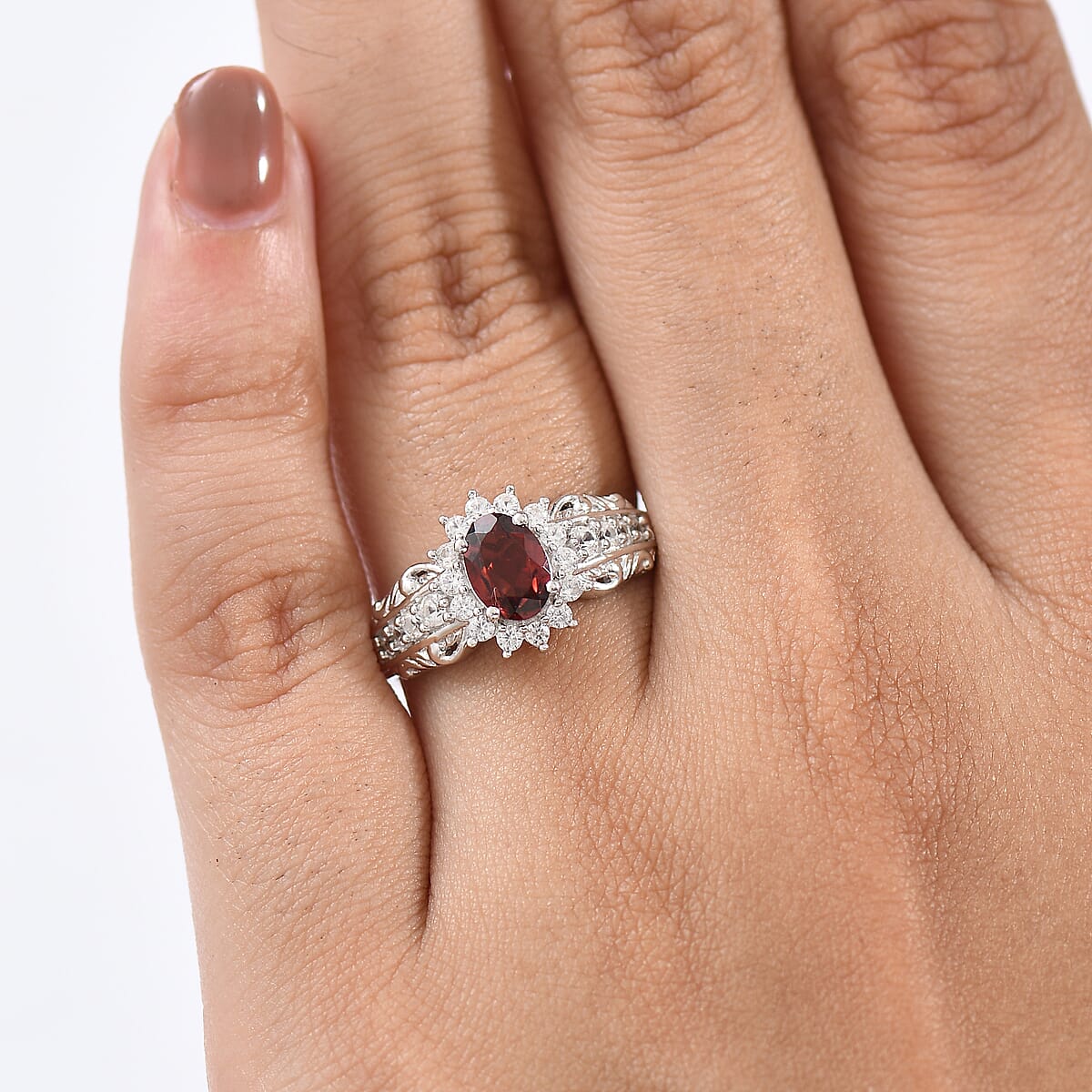 D'Joy Mozambique Garnet, White Zircon Ring in Rhodium Over Sterling Silver (Size 5.0) 1.50 ctw image number 2