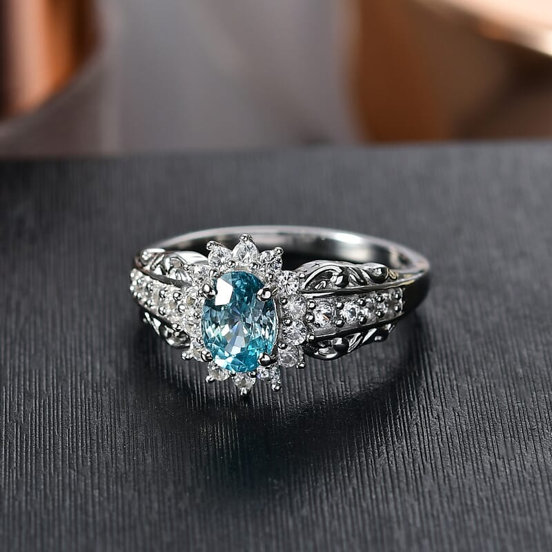 D'Joy Blue Zircon and White Zircon 1.90 ctw Ring in Rhodium Over Sterling Silver (Size 5.0)